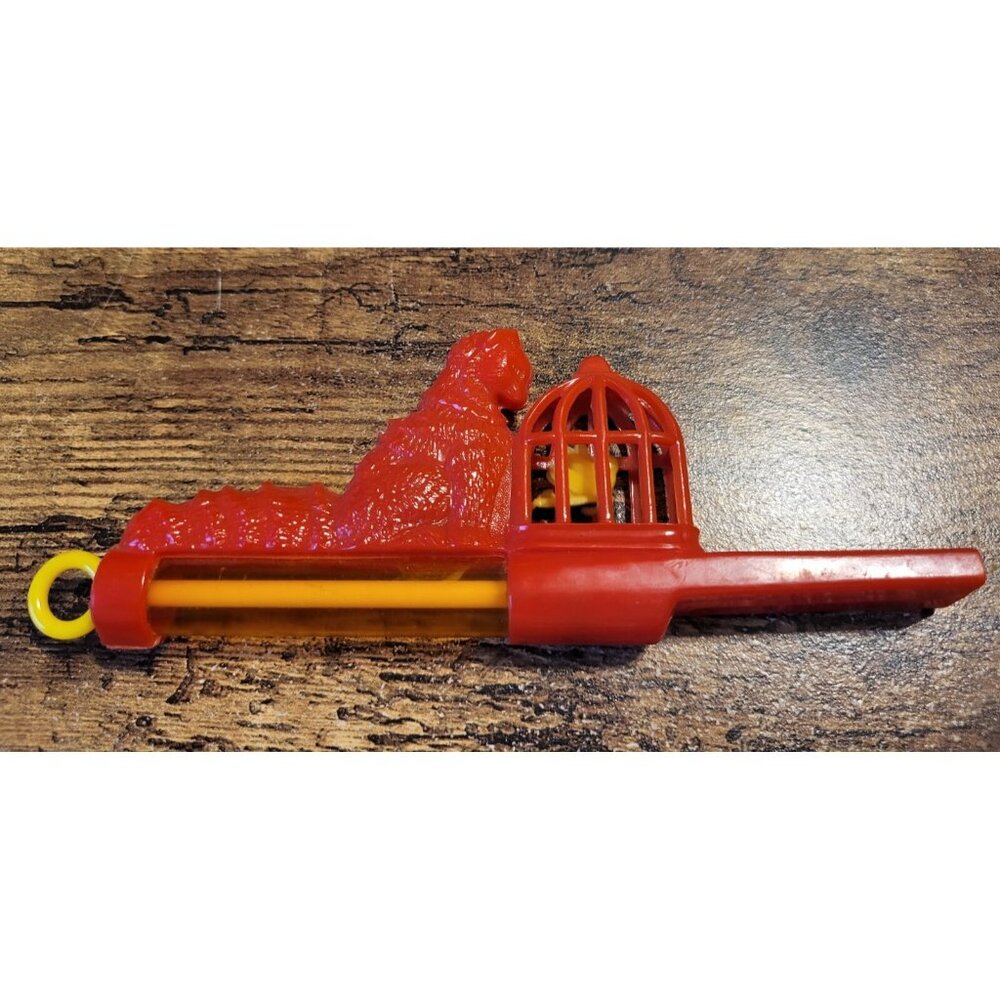 Vintage  6" Cat & Canary in  Bird Cage Red Plastic Toy Slide Whistle Works